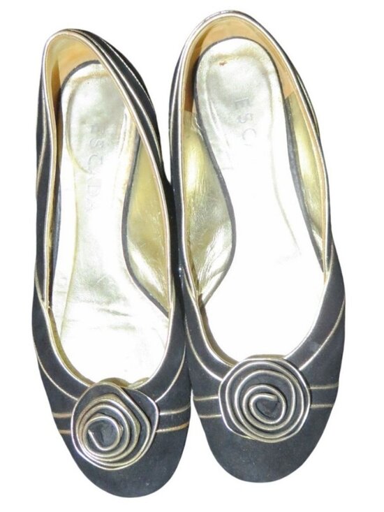 Escada Shoes - Escada Vintage Black Italian Suede Leather Gold Cone Embellished flats 38 or 8